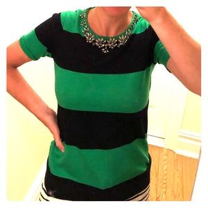 J. Crew Jeweled Neckline Green Navy Stripe Top